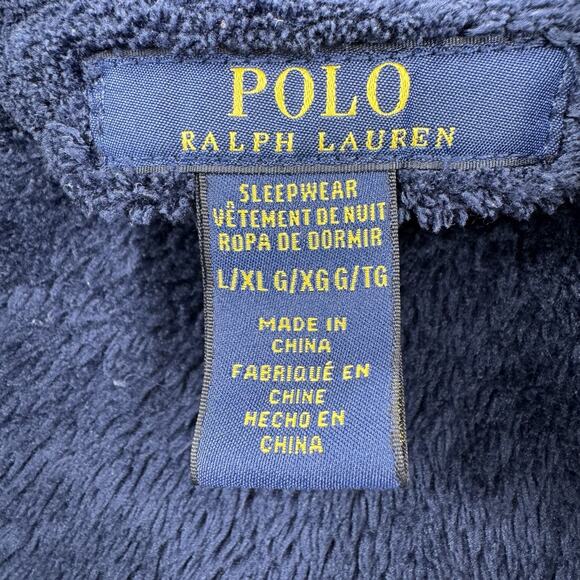 POLO Ralph Lauren Men s Terry Robe Sz L/XL Navy Blue Logo Pockets 48 Length - Picture 5 of 8